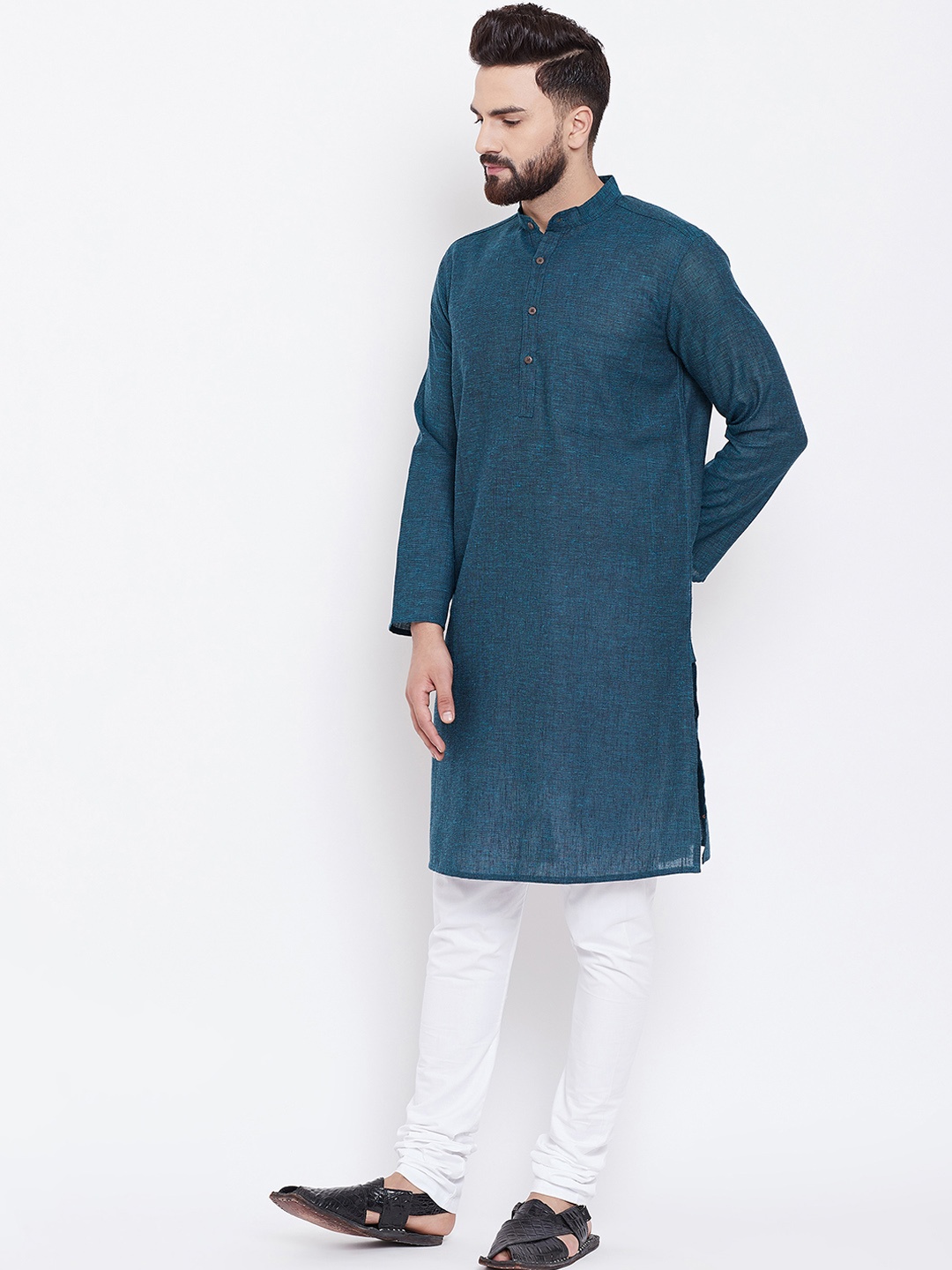 

even Men Green Woven Design Straight Kurta