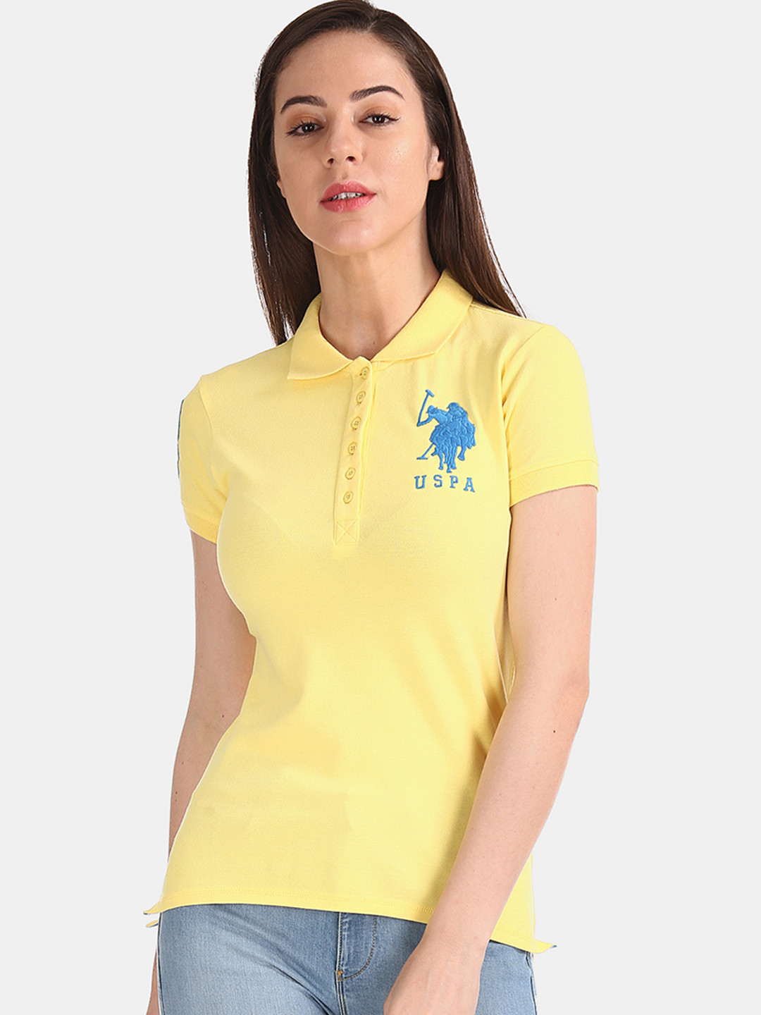 

U.S. Polo Assn. Women Yellow Solid Polo Collar T-shirt