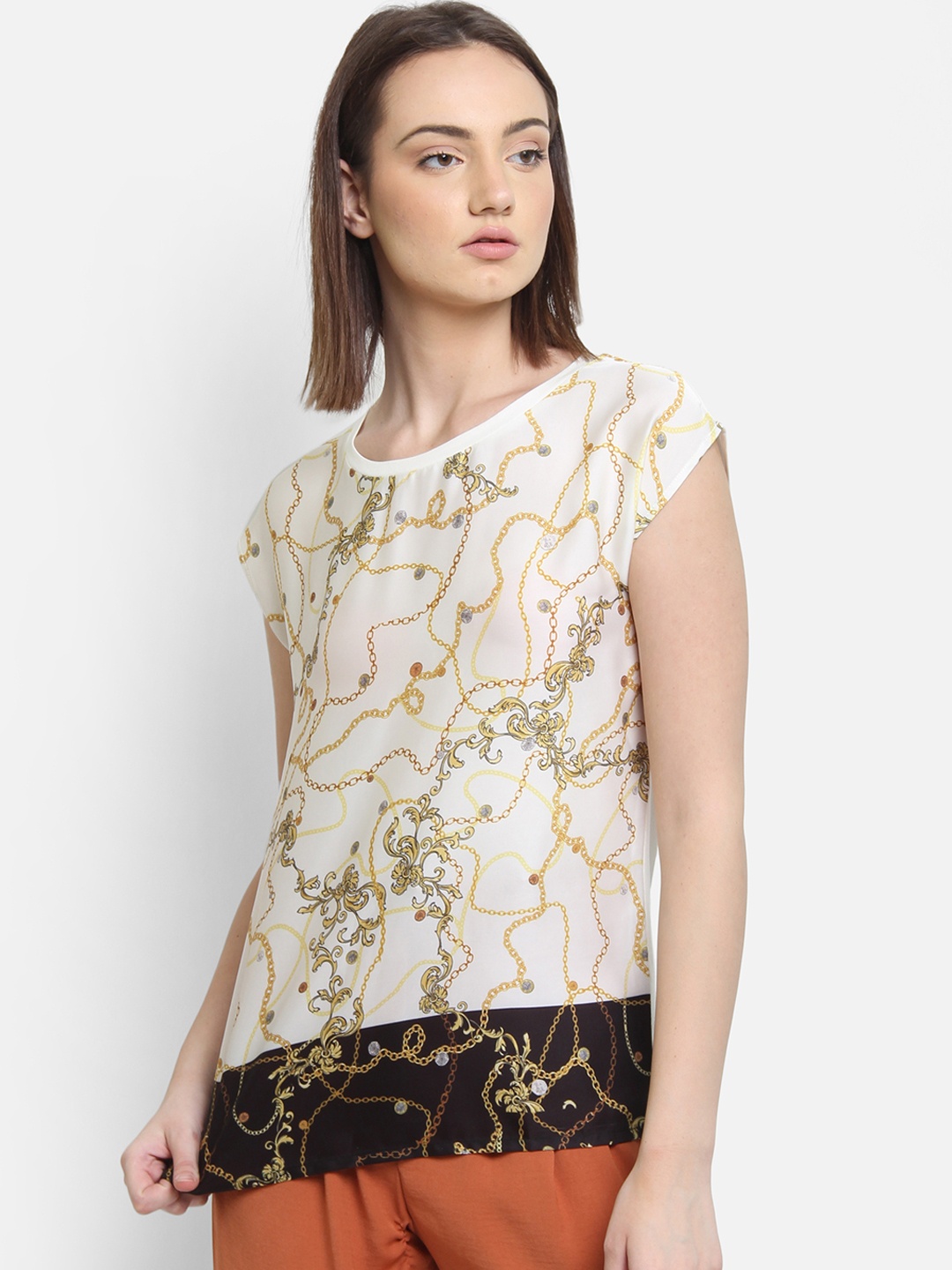 

COVER STORY Women Off-White & Beige Conversational Printed Top