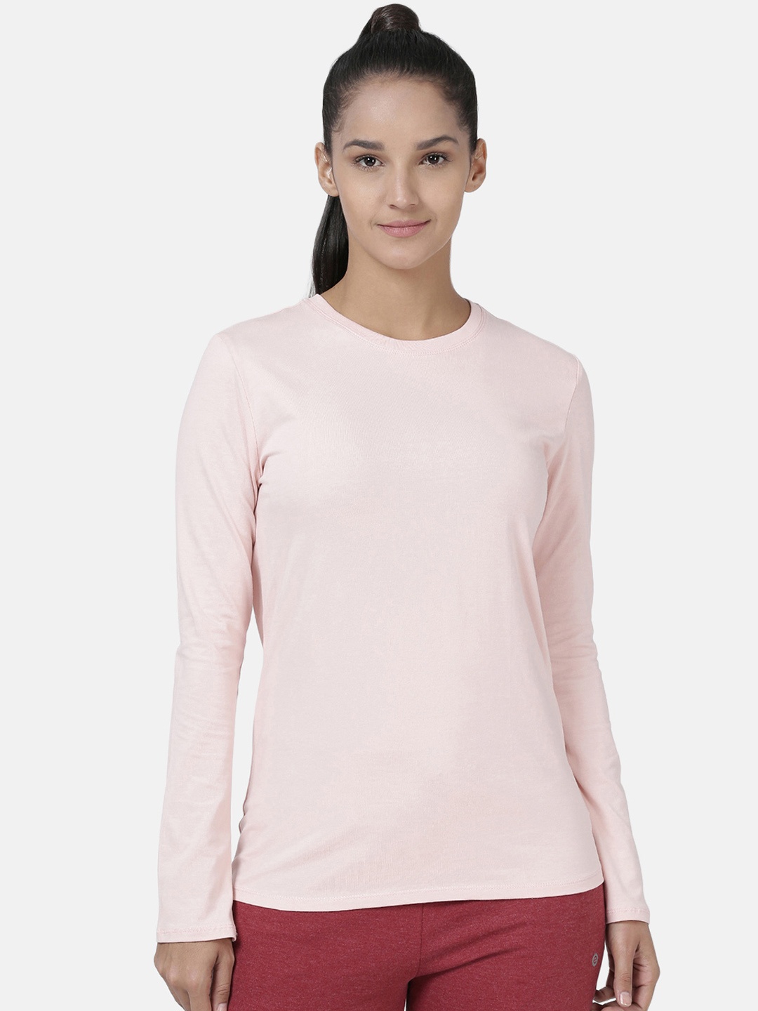 

Enamor Women Basic Crew Neck Long Sleeves Stretch Cotton Tee E057, Pink
