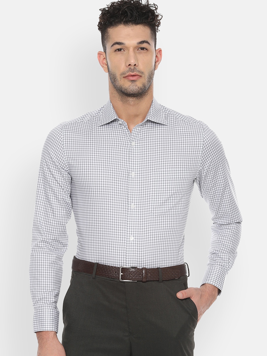 

Louis Philippe Permapress Men Grey & White Regular Fit Checked Casual Shirt