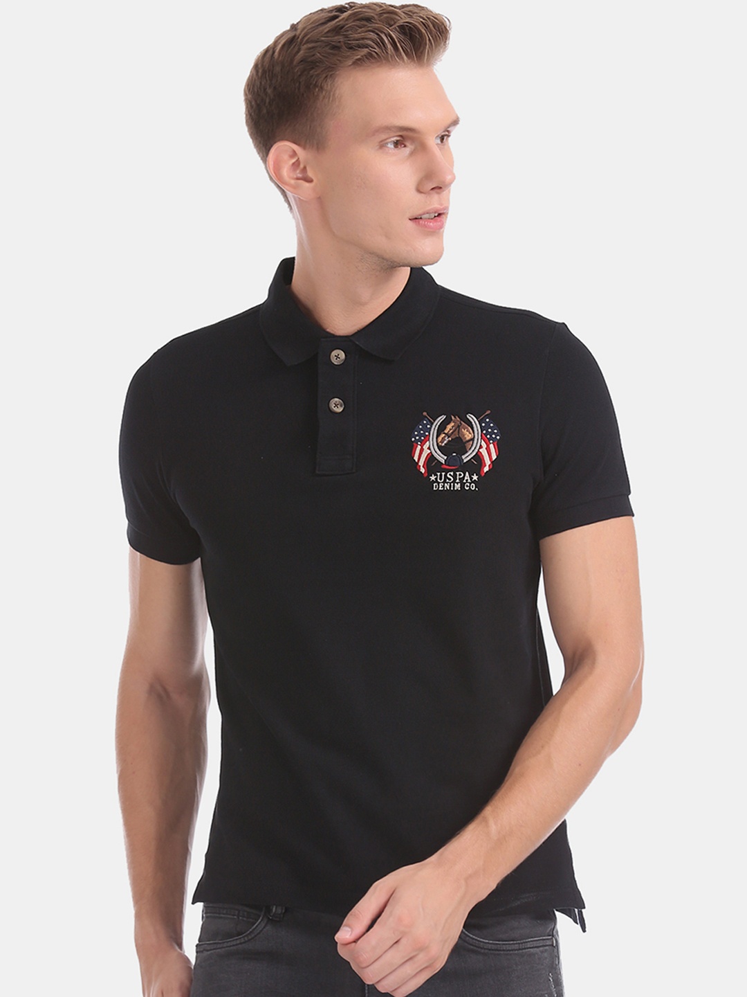 U.S. Polo Assn. Denim Co. Men Black Solid Polo Collar T-shirt