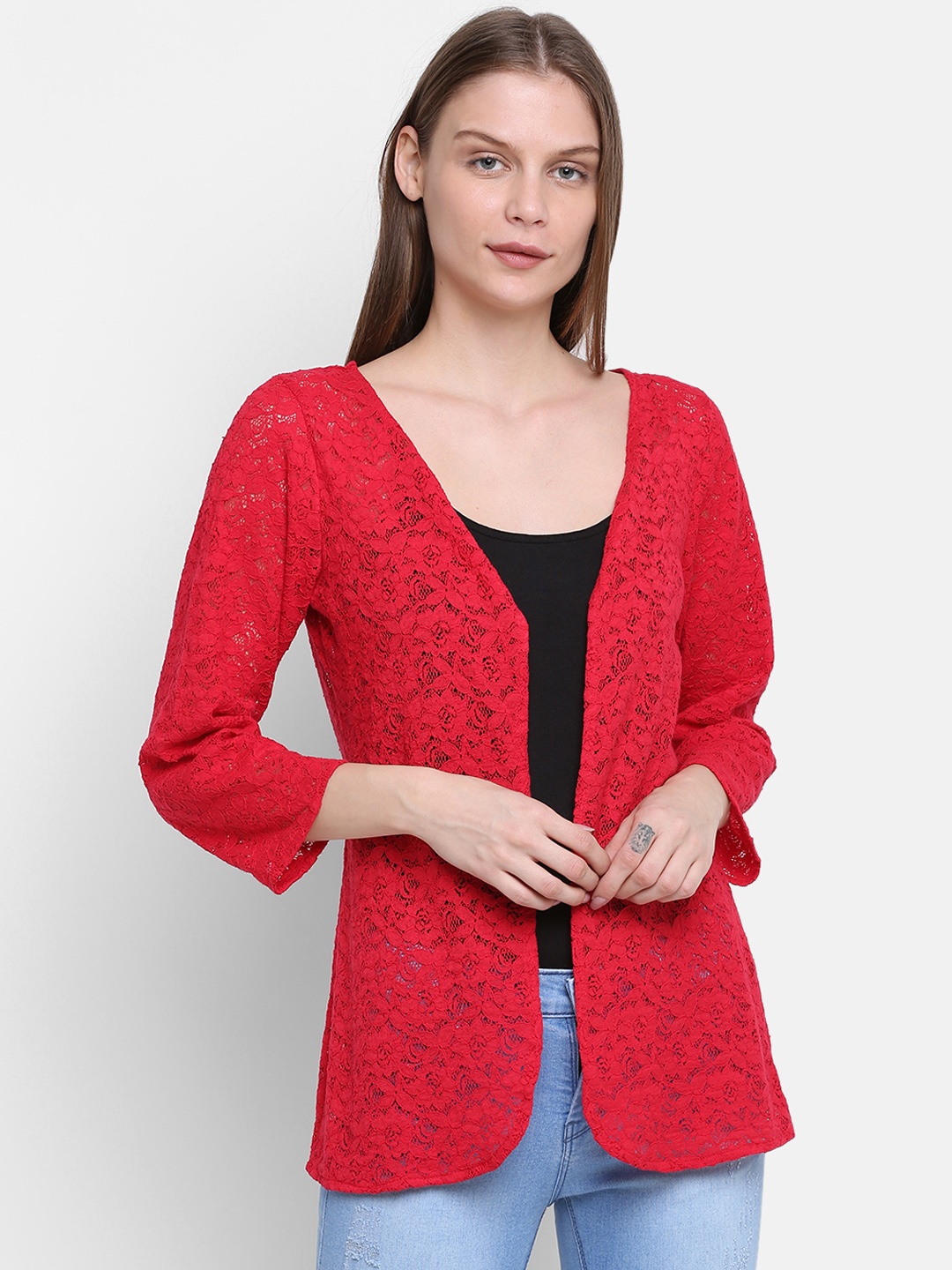 

Rute Women Red Self Design Lace Open Front Shrug