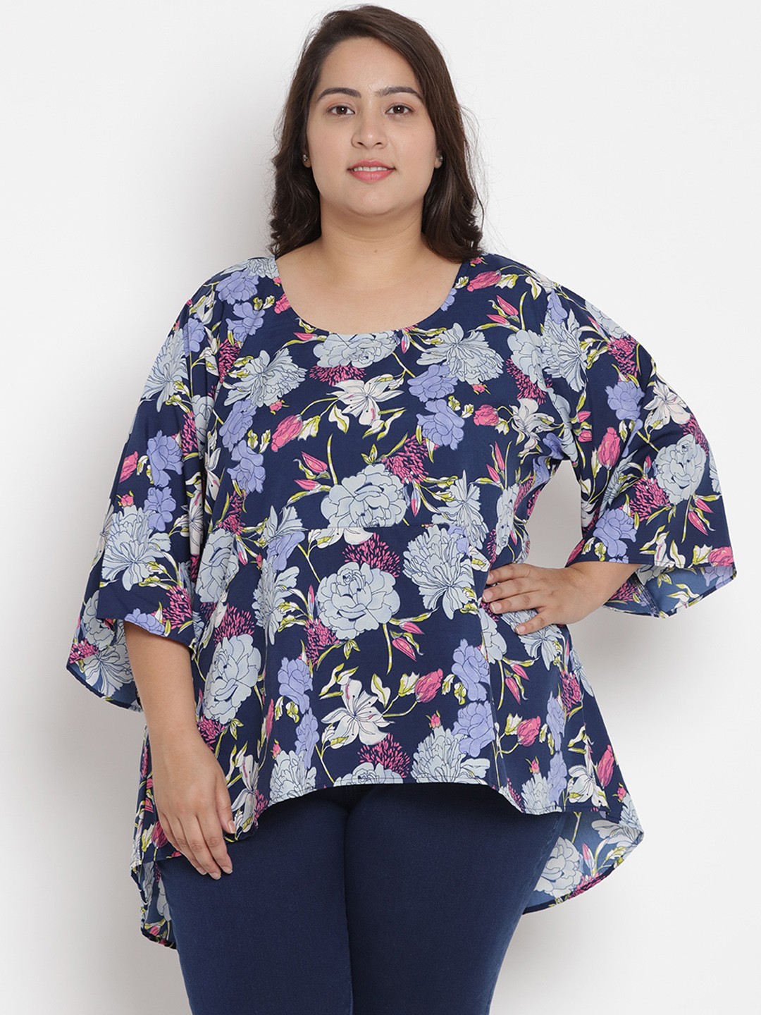 

Kiaahvi by JOHN PRIDE Women Navy Blue Printed A-Line Longline Top