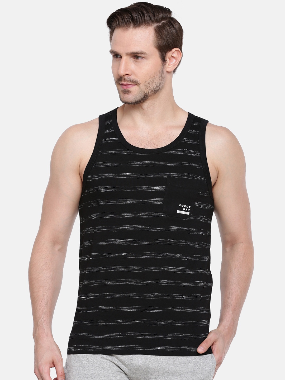 Force NXT Men Striped Injected Cotton Innerwear Vests, Black