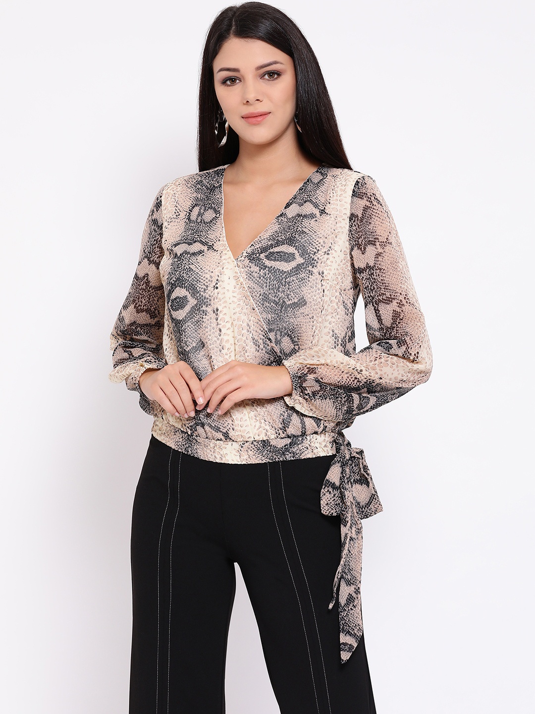 

Oxolloxo Women Beige & Black Printed Wrap Top