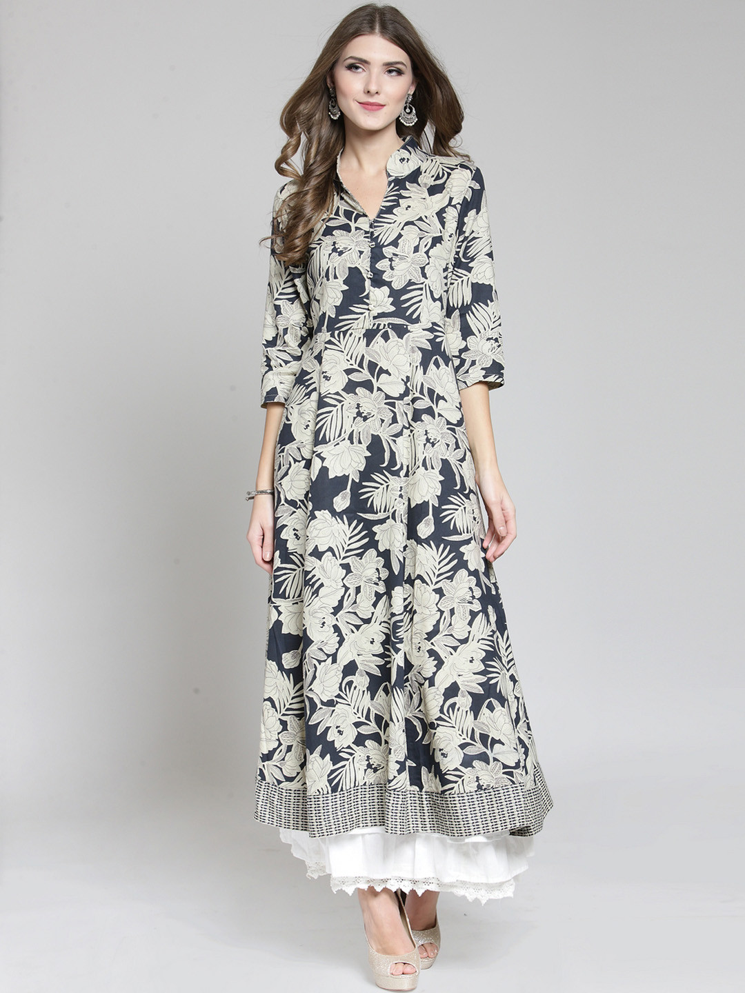 

Sera Women Charcoal Grey & Beige Printed Kurta with Skirt