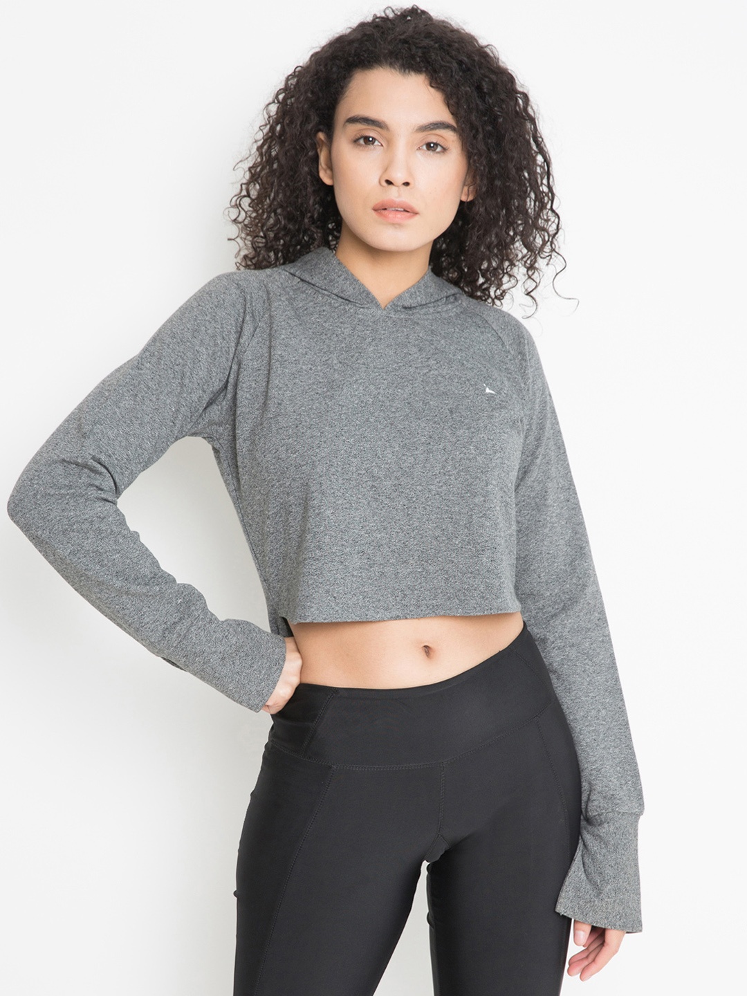 

Aesthetic Bodies Women Grey Solid Hooded Crop Sweatshirt