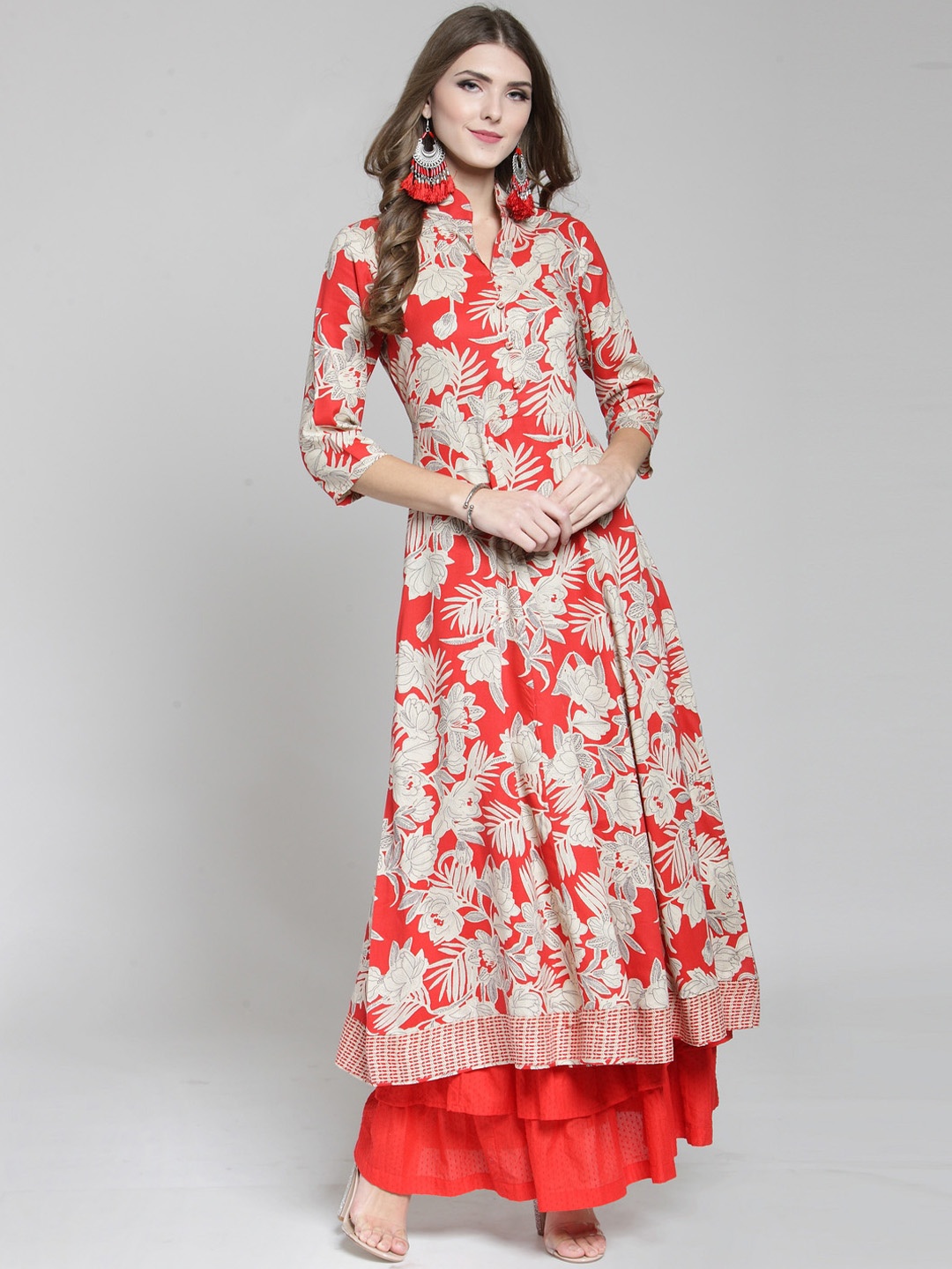 

Sera Women Red & Beige Printed Kurta with Skirt