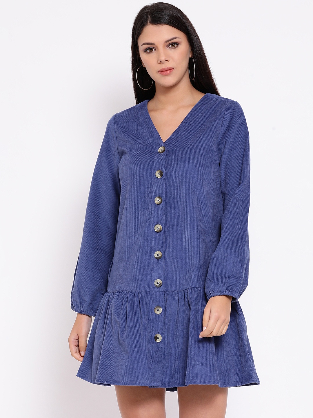 

Oxolloxo Women Blue Solid Corduroy Drop-Waist Dress