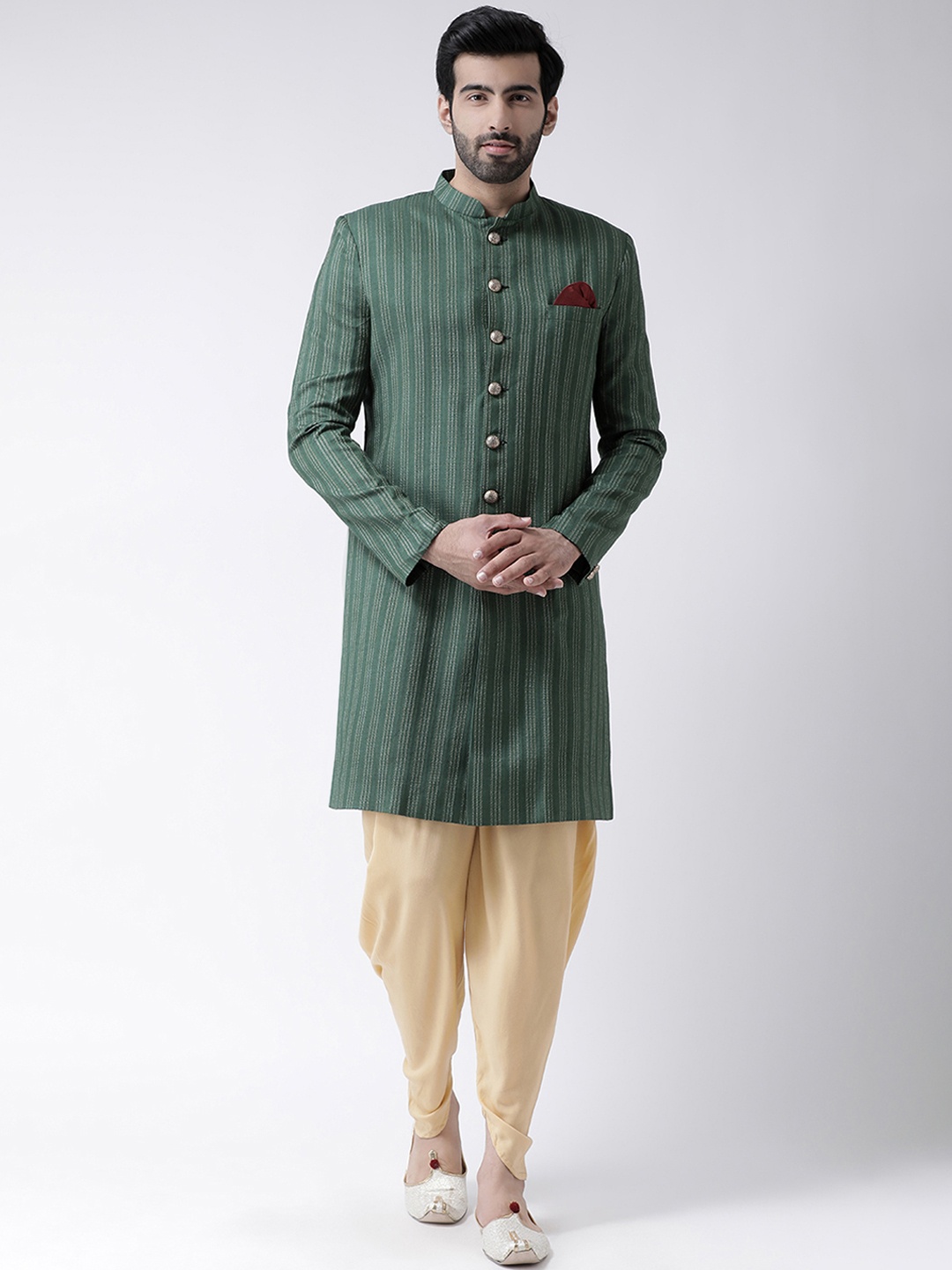 

KISAH Men Striped Silk Indowestern Sherwani with Dhoti Pants, Green