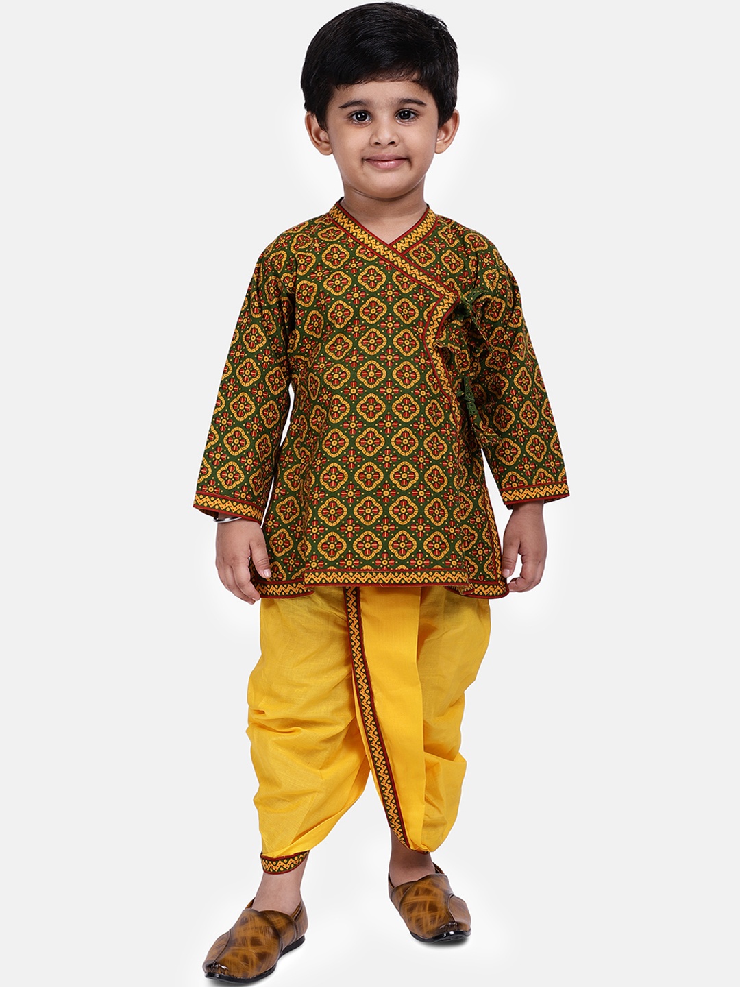 BownBee Boys Green & Yellow Printed Kurta with Dhoti Pants