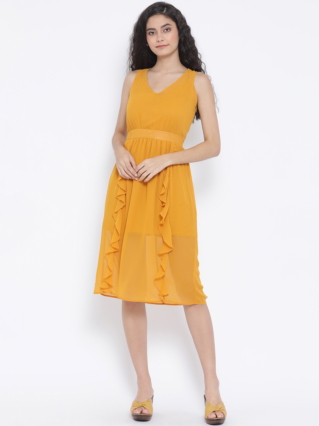 

Oxolloxo Women Mustard Yellow Solid Fit and Flare Dress