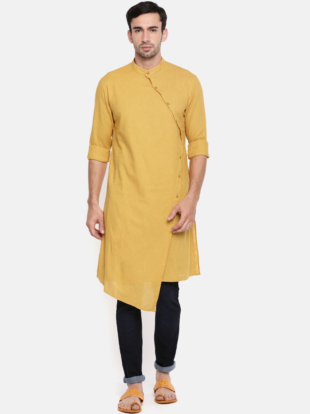 

The Indian Garage Co Men Mustard Yellow Solid Asymmetric Kurta