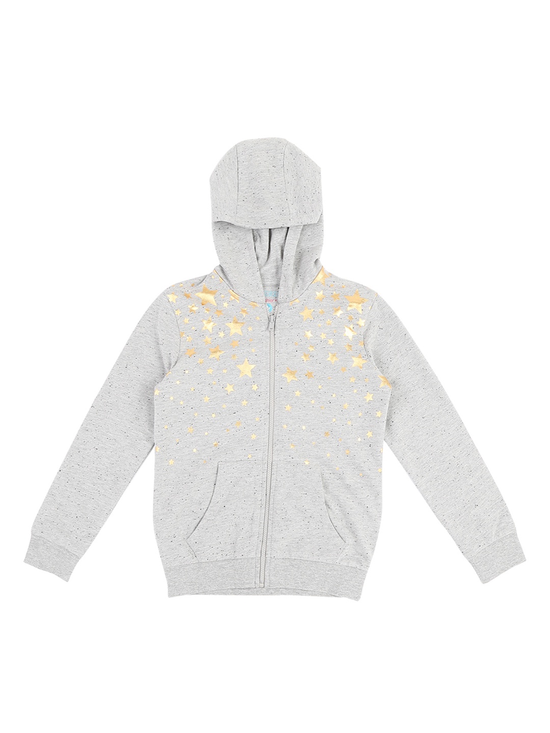 

Pantaloons Junior Girls Grey Melange & Gold-Toned Printed Hooded Sweatshirt