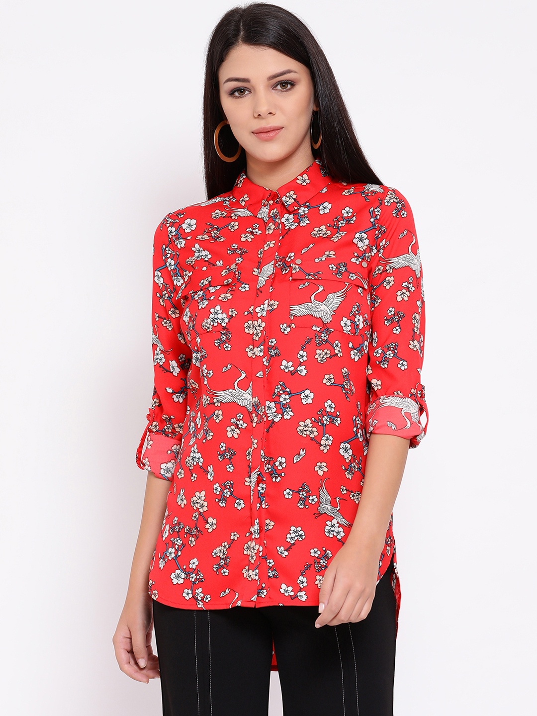 Oxolloxo Women Red & White Regular Fit Floral Printed Casual Shirt
