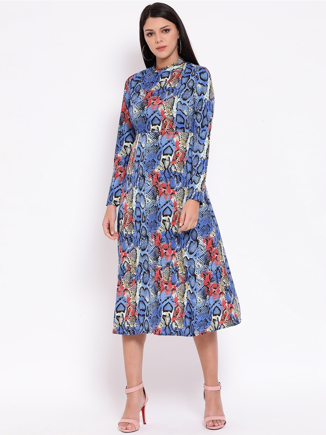 

Oxolloxo Women Blue & Red Snakeskin Printed Fit and Flare Dress