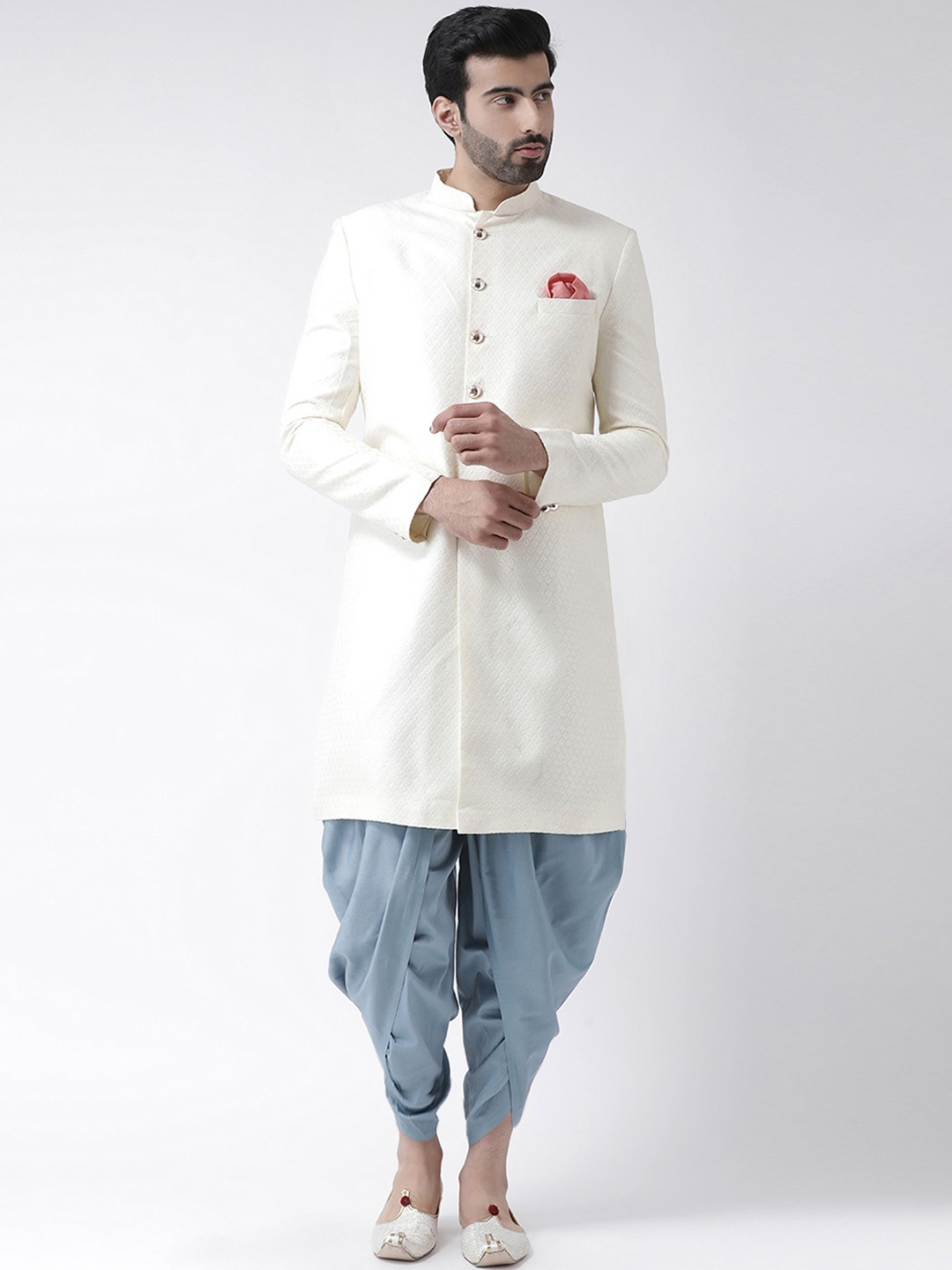 

KISAH Men Self-Design Silk Indowestern Sherwani with Dhoti Pants, White
