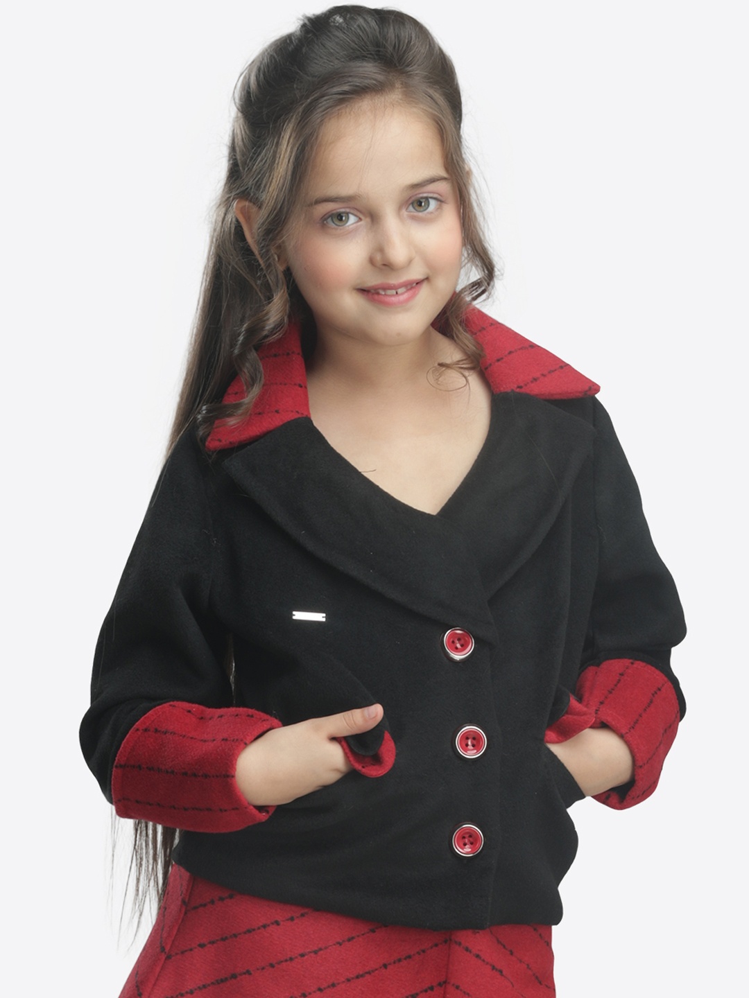 

CUTECUMBER Girls Black & Red Striped Knee-Length Overcoats