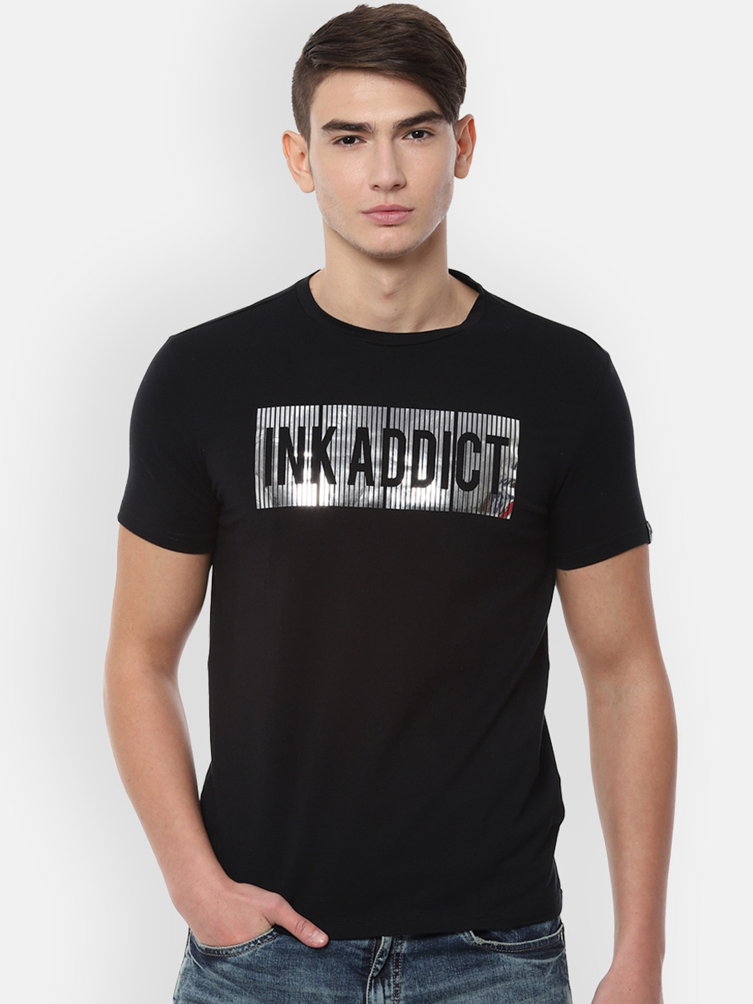 

People Men Black Printed Round Neck T-shirt