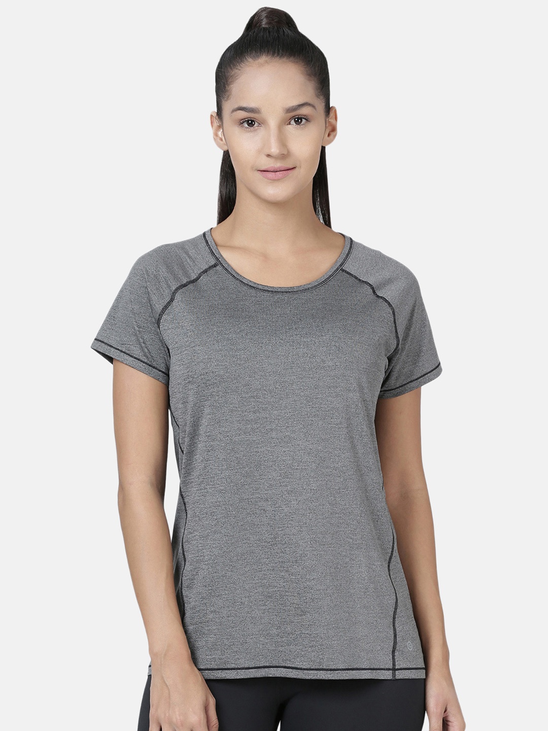 

Enamor Women Grey Melange Relaxed Fit Athleisure Active T-Shirt