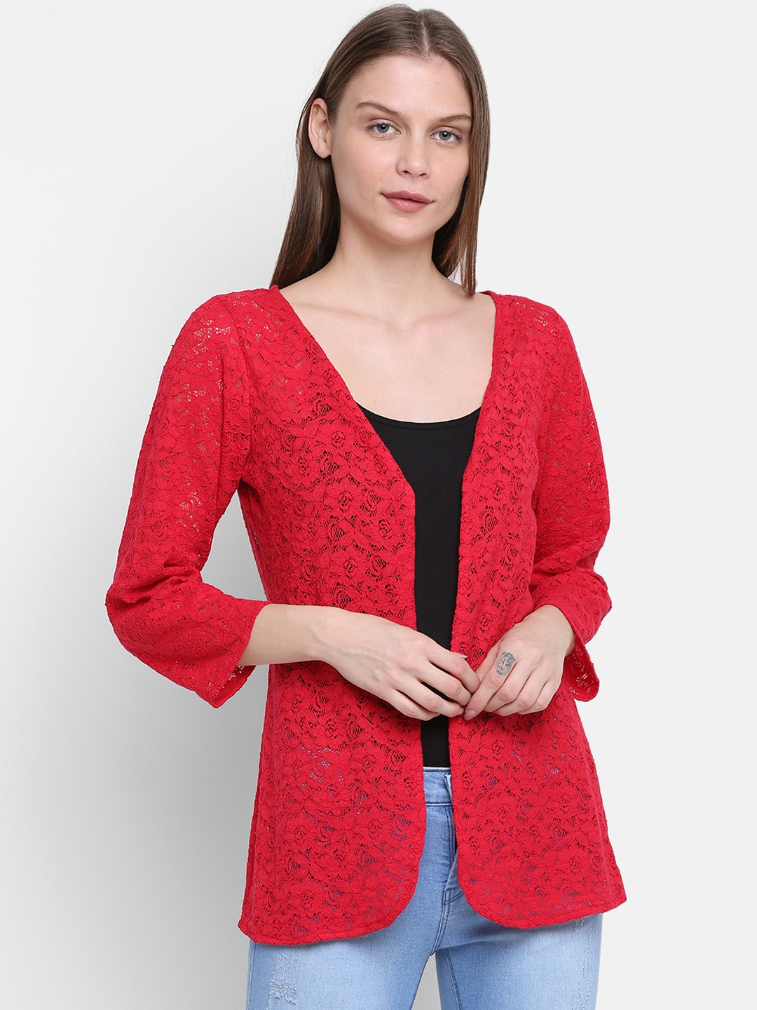 

Rute Women Red Self Design Lace Open Front Shrug