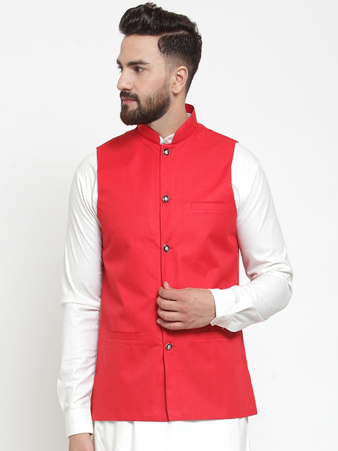 

Jompers Men Red Solid Nehru Jacket