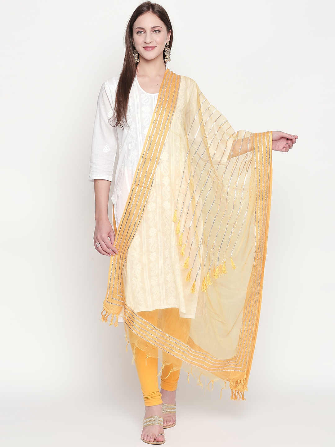 

Dupatta Bazaar Women Yellow & Silver-Coloured Organza Gotta Patti Embroidered Dupatta