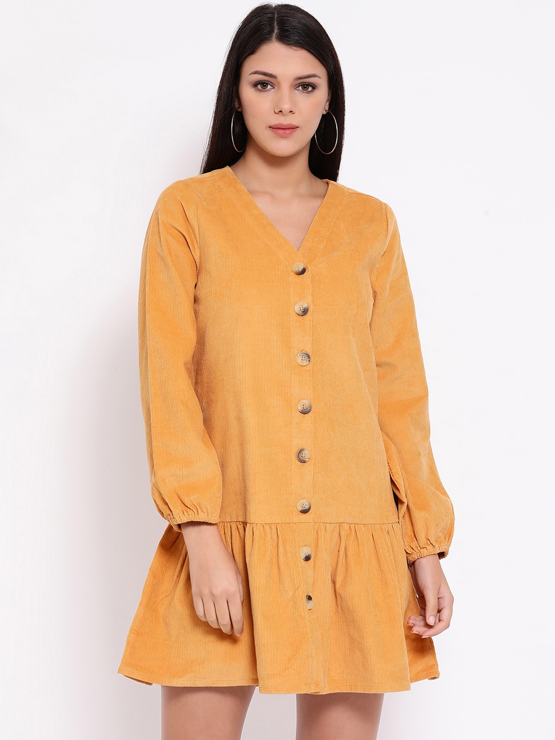 

Oxolloxo Women Mustard Yellow Solid Corduroy Drop-Waist Dress