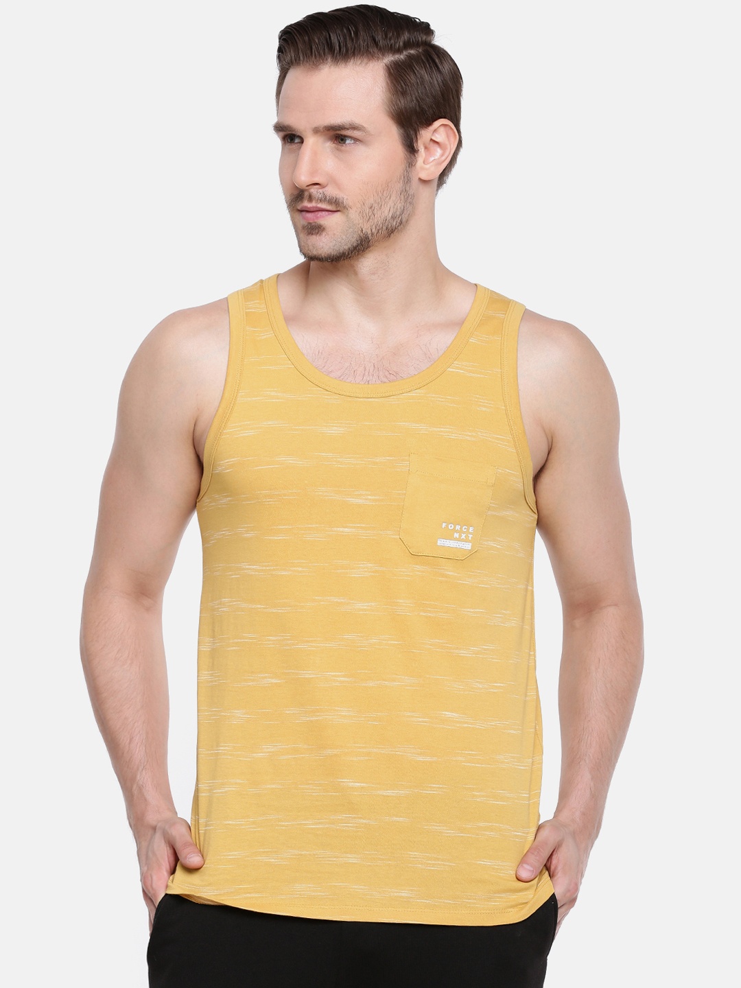 

Force NXT Men Striped Injected Cotton Innerwear Vests, Mustard