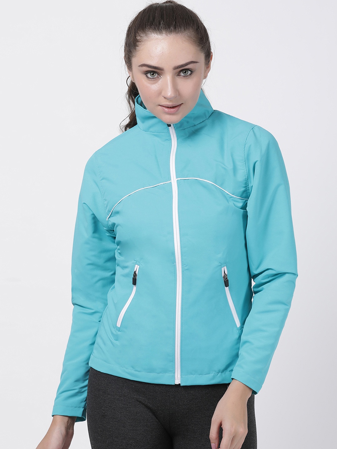 

Plutus Women Turquoise Blue Solid Windcheater Jacket