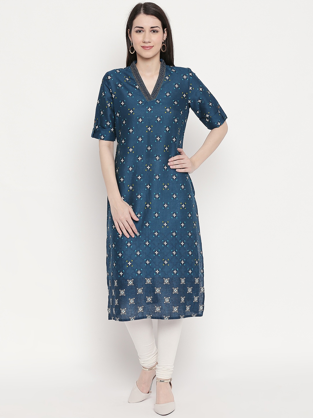 

RANGMANCH BY PANTALOONS Women Blue Printed Straight Kurta