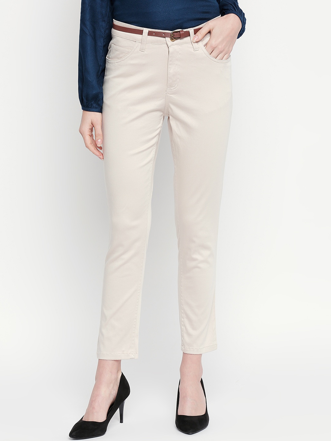 

Annabelle by Pantaloons Women Beige Slim Fit Solid Cropped Formal Trousers