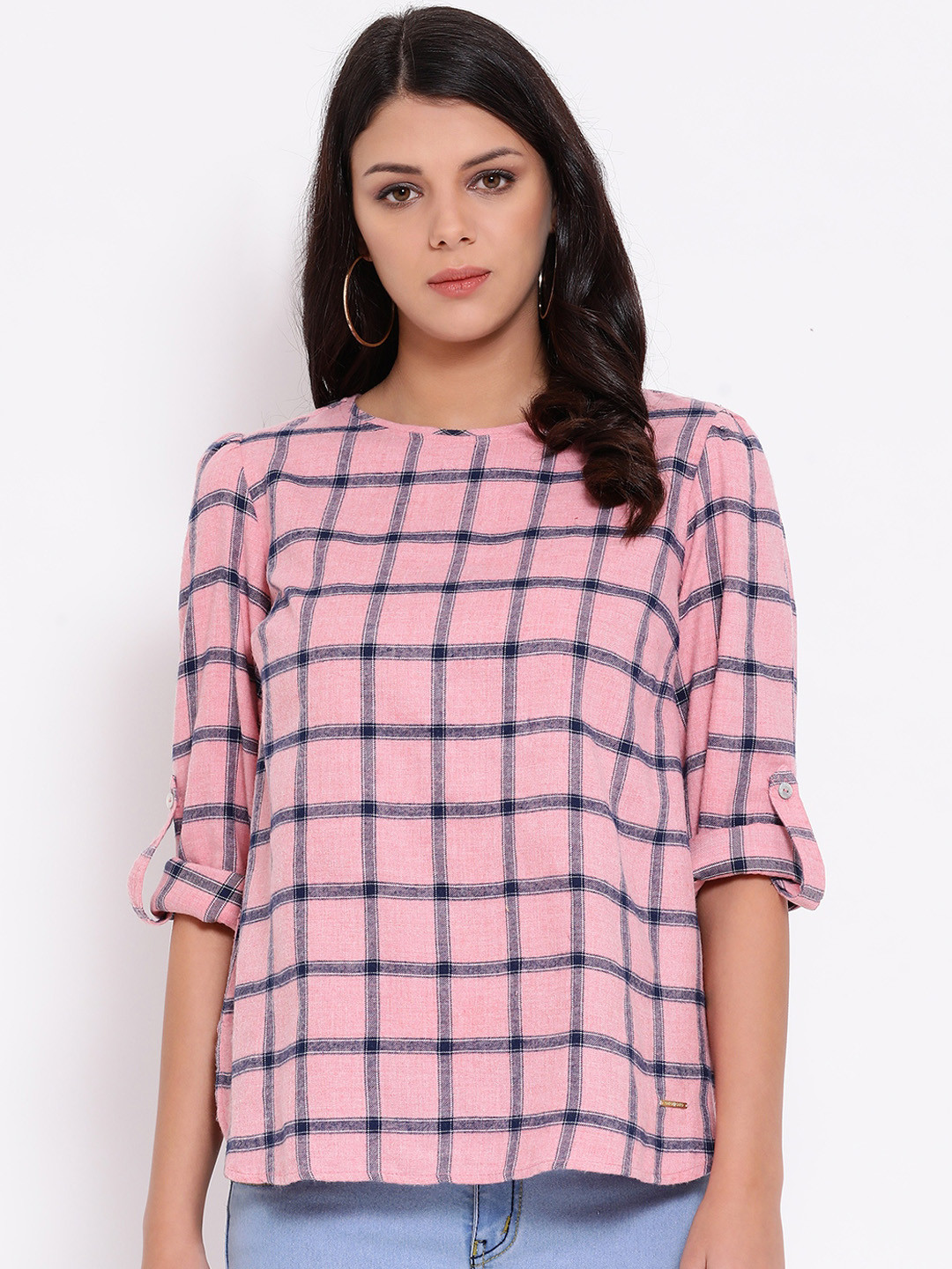 

Oxolloxo Women Pink Checked Pure Cotton Top