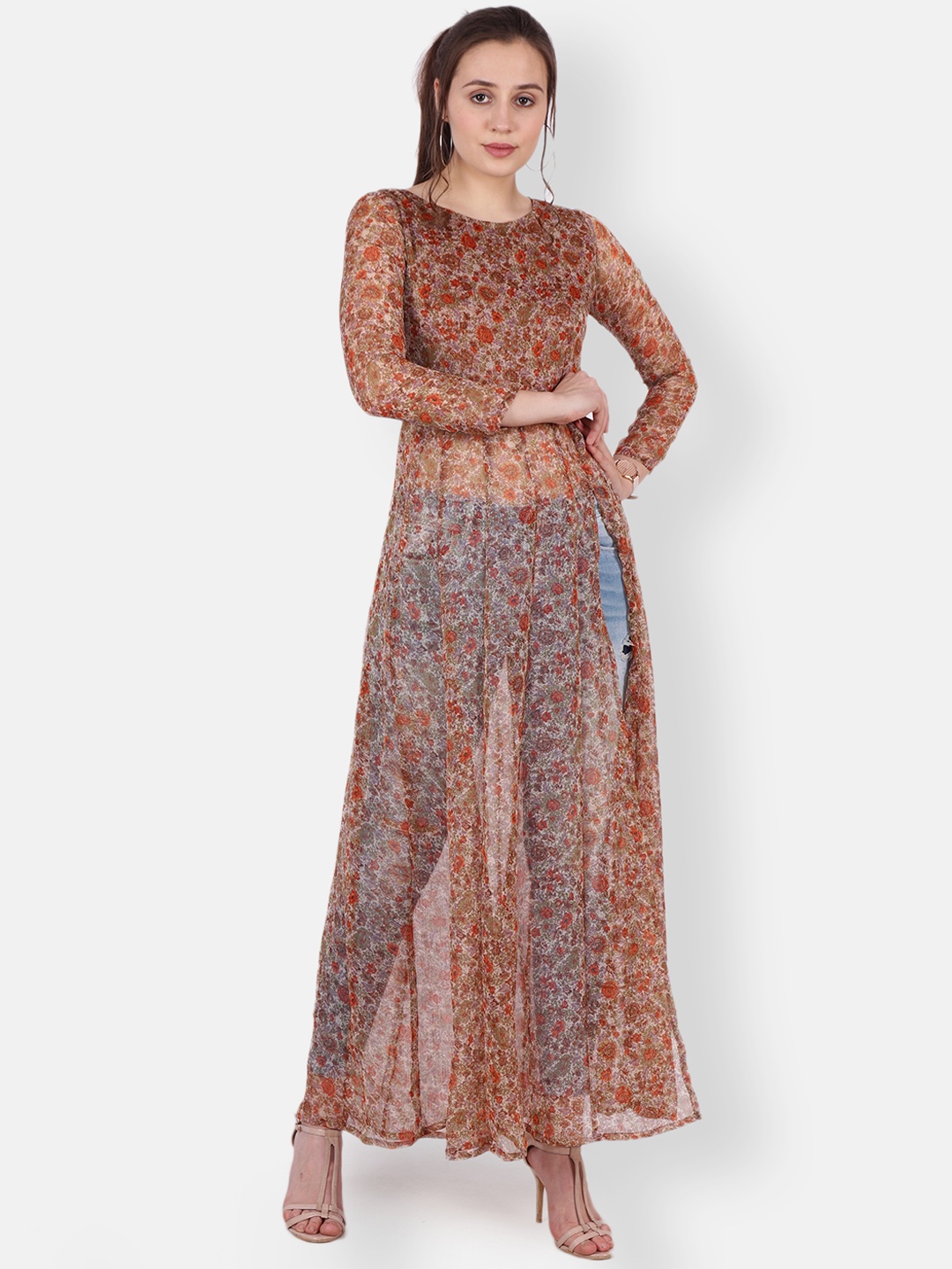 

SCORPIUS Brown & Red Floral High Slit Maxi Top