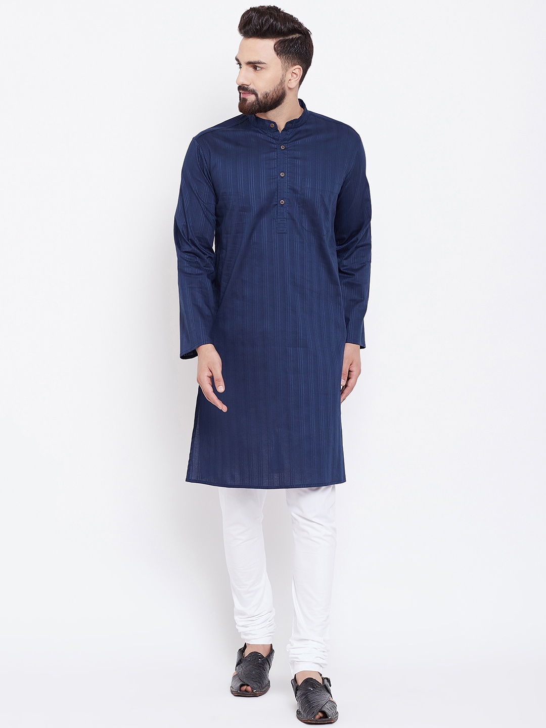 even Men Blue Striped Straight Kurta