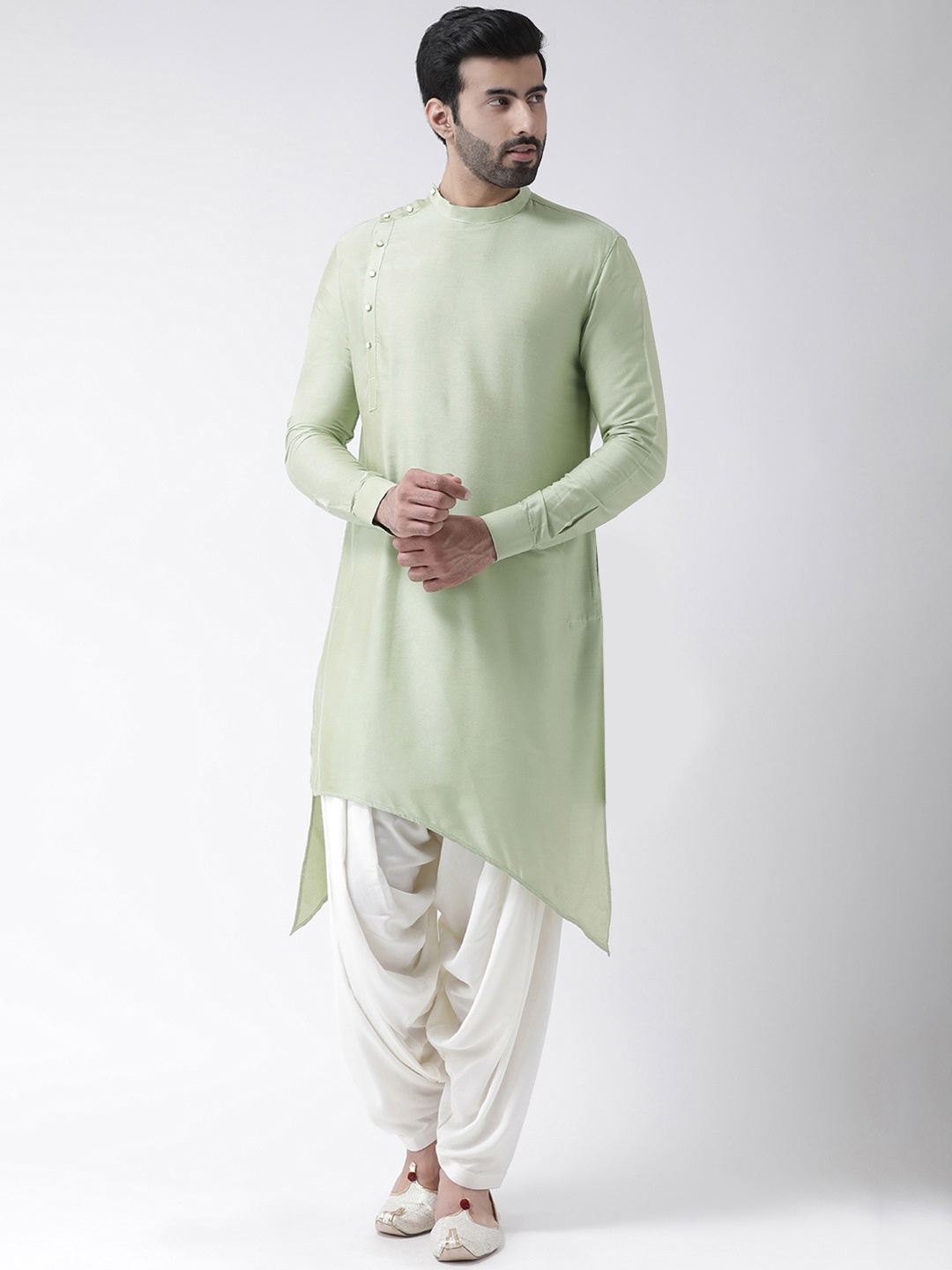 KISAH Men Regular Fit Solid Asymmetric Kurta Patiyala Set, Green