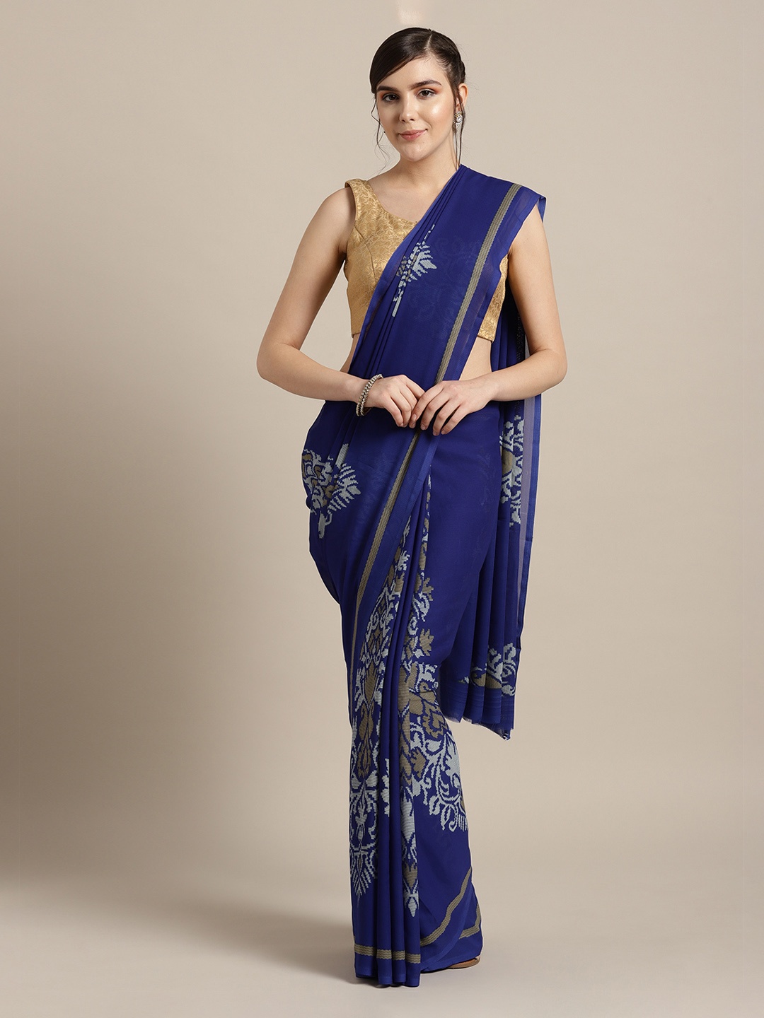 

Ishin Navy Blue Printed Poly Georgette Saree