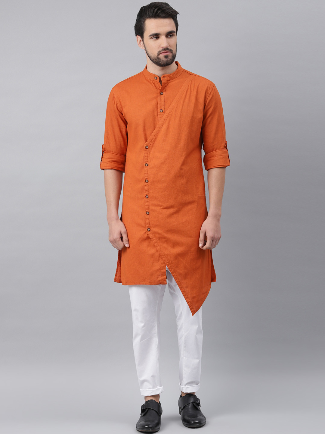 

Freehand Men Rust Orange Solid Straight Kurta