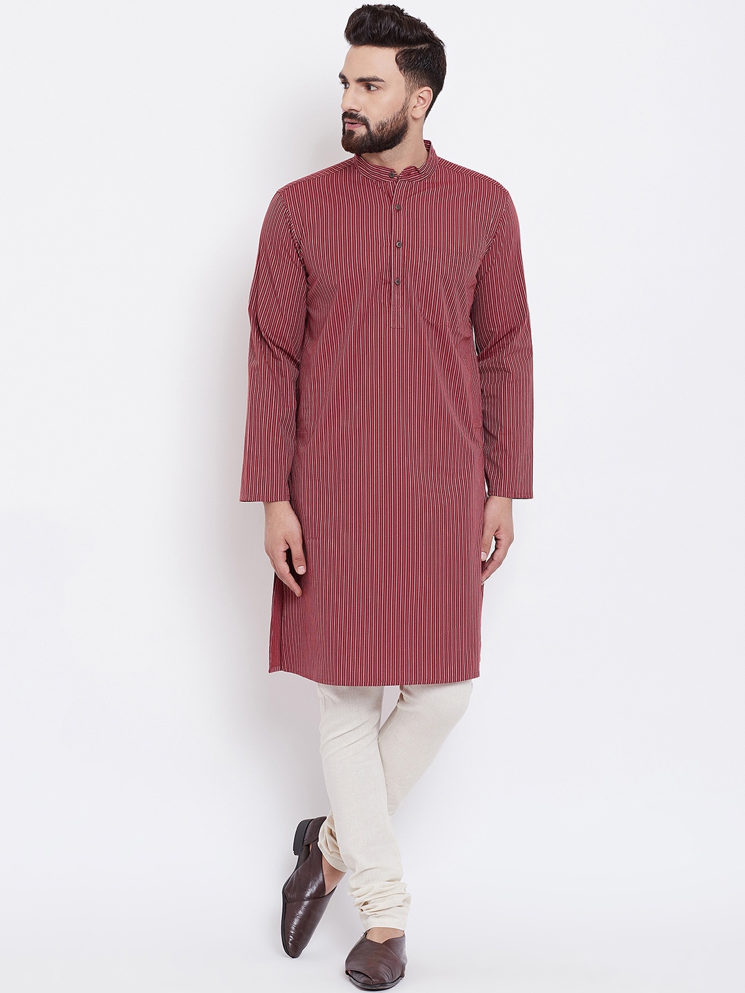 

even Men Red Striped Straight Kurta