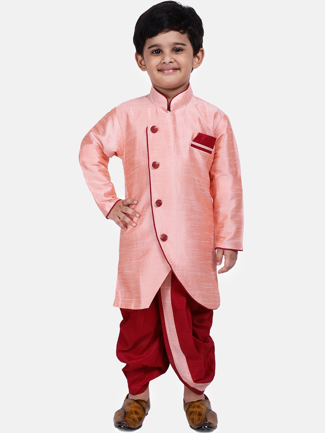 

BownBee Boys Peach-Coloured & Red Solid Kurta with Dhoti Pants