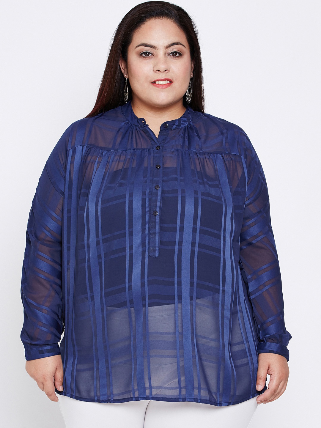 

Oxolloxo Women Navy Blue Checked Shirt Style Top