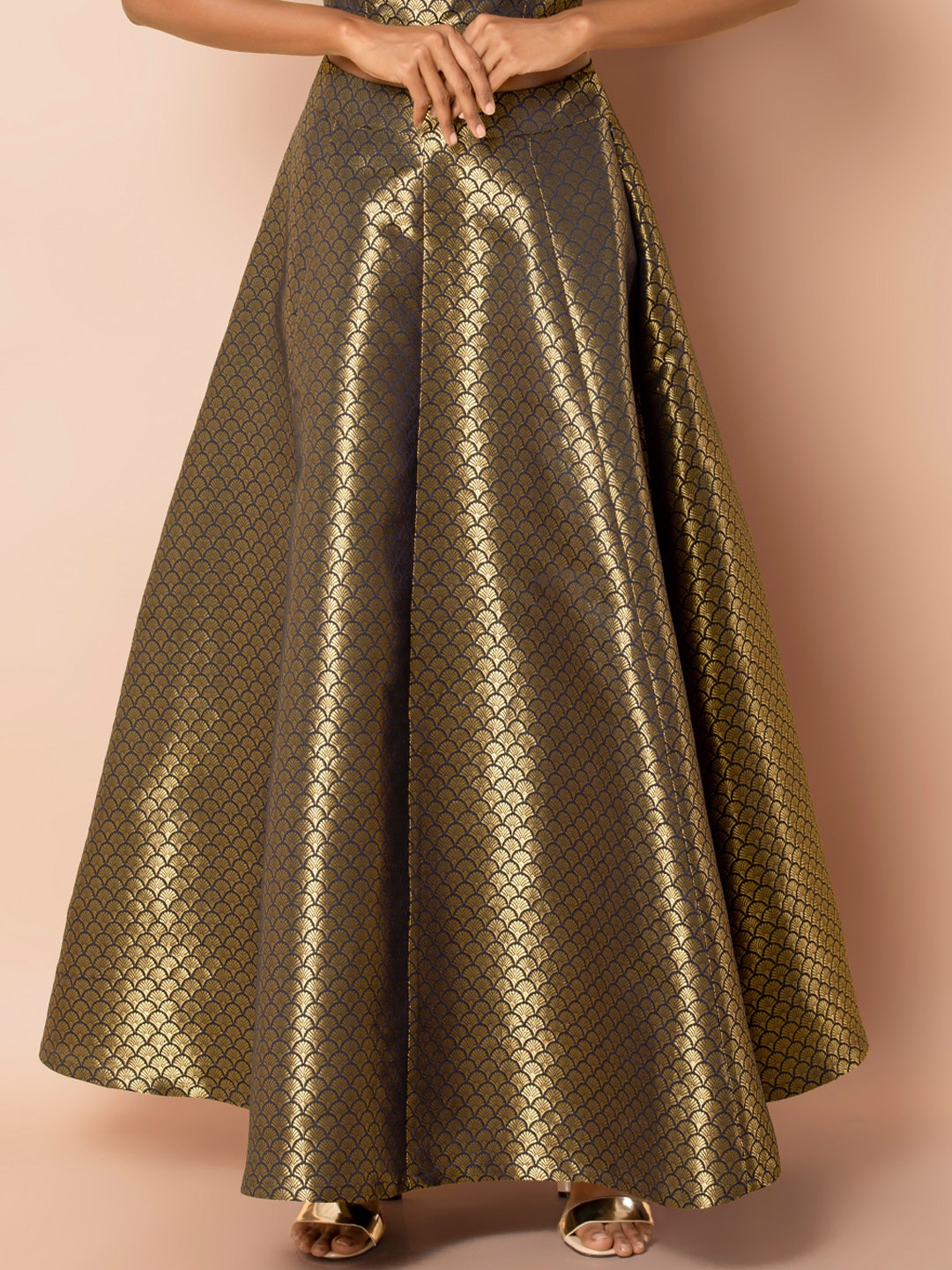 

INDYA Women Navy Blue & Gold-Toned Banarasi Self Design Flared Maxi Skirts