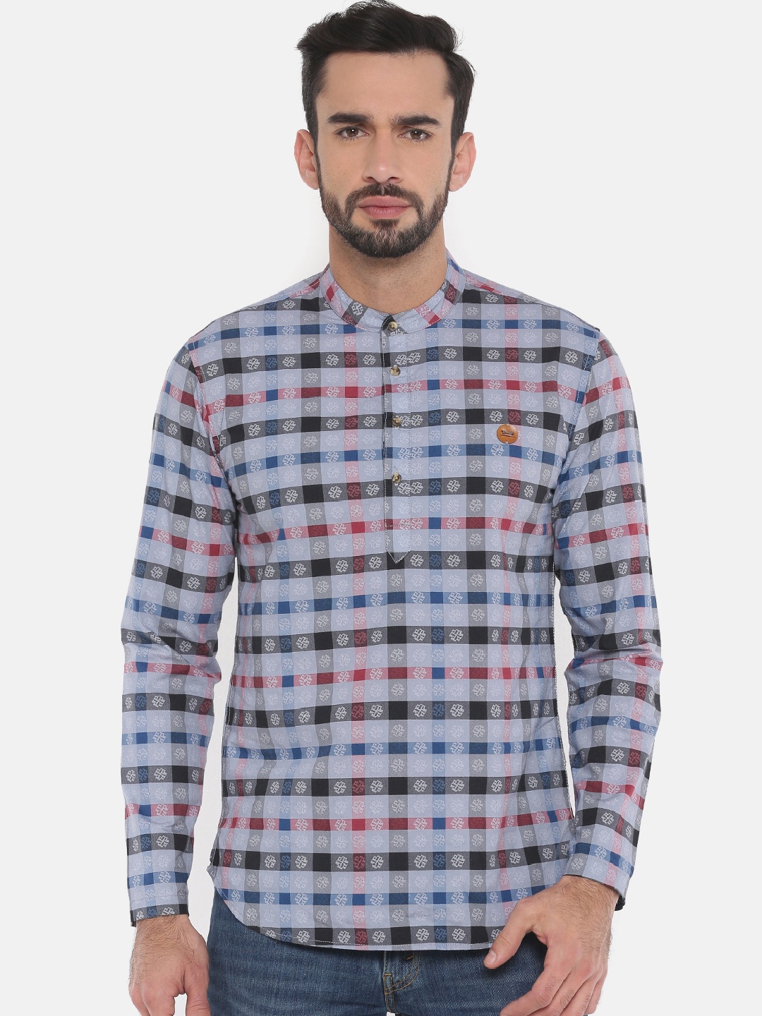 

The Indian Garage Co Men Grey & Blue Checked Straight Kurta