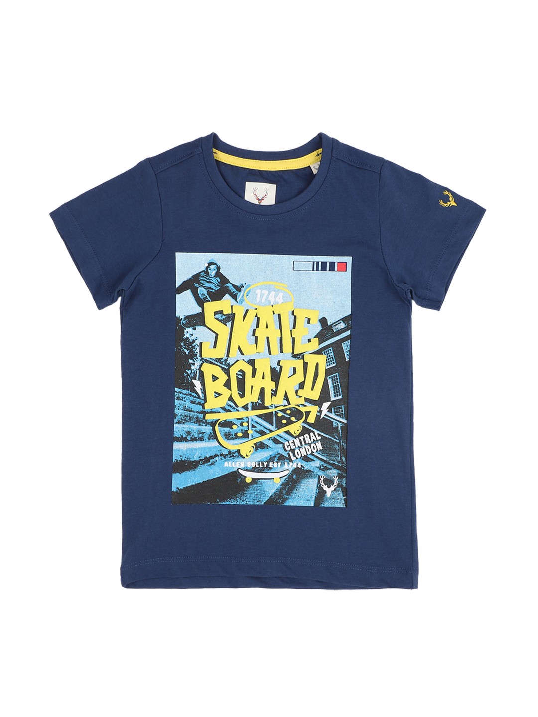 

Allen Solly Junior Boys Blue Printed Round Neck Pure Cotton T-shirt
