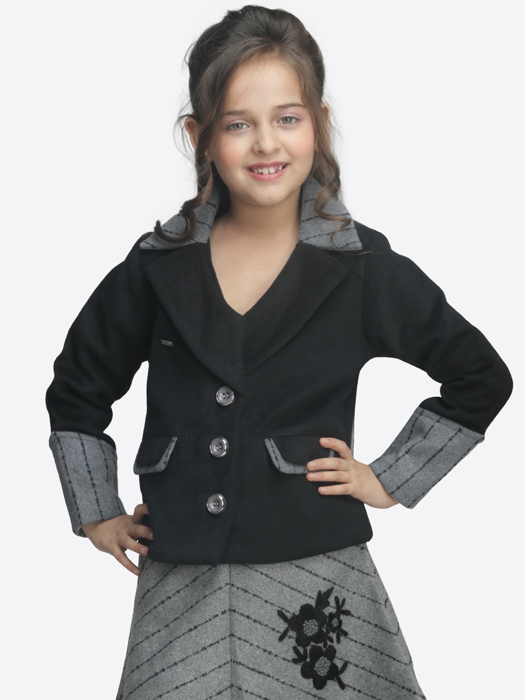 

CUTECUMBER Girls Black & Grey Striped Knee-Length Overcoats