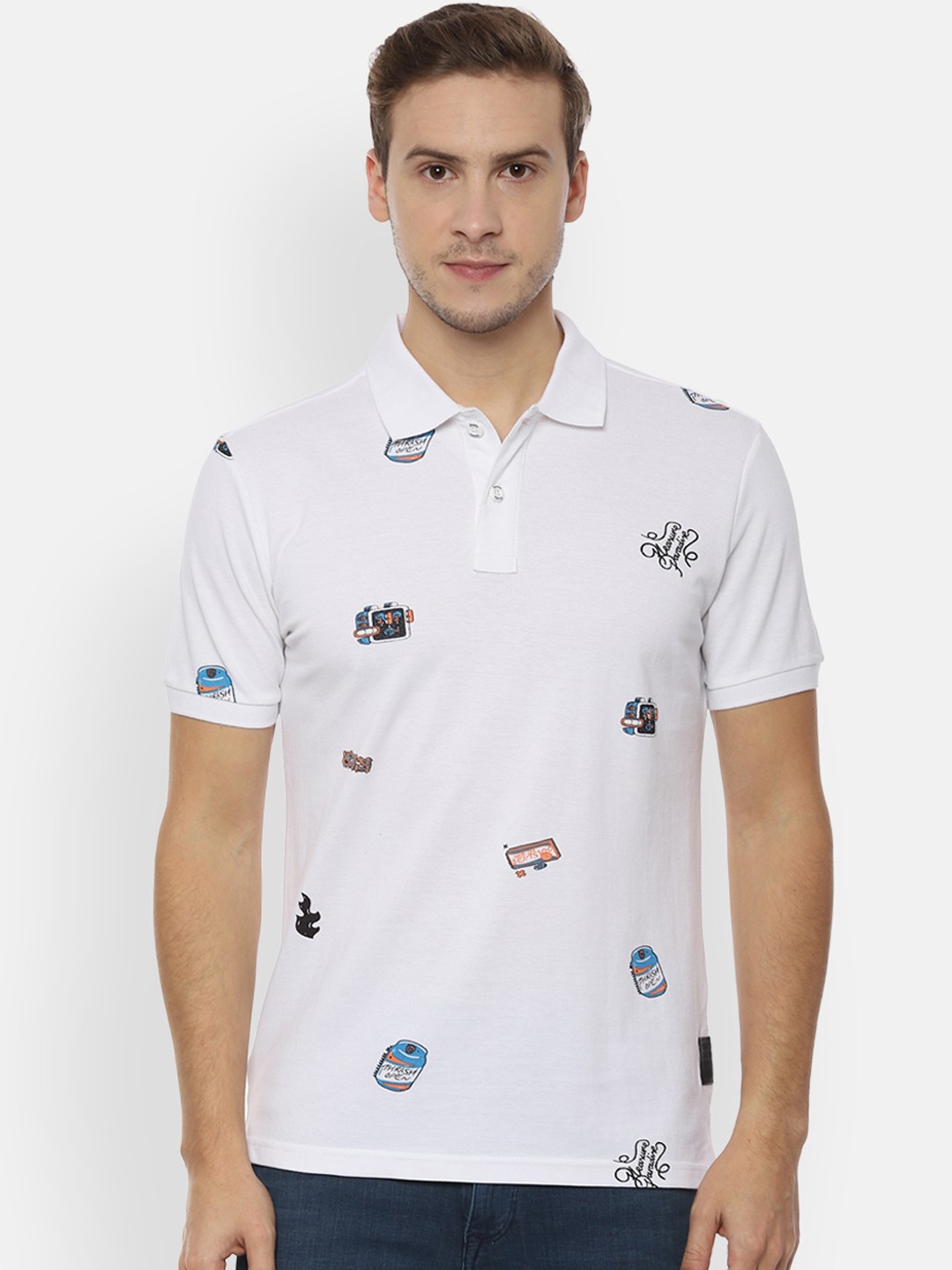 

People Men White Printed Polo Collar Pure Cotton T-shirt