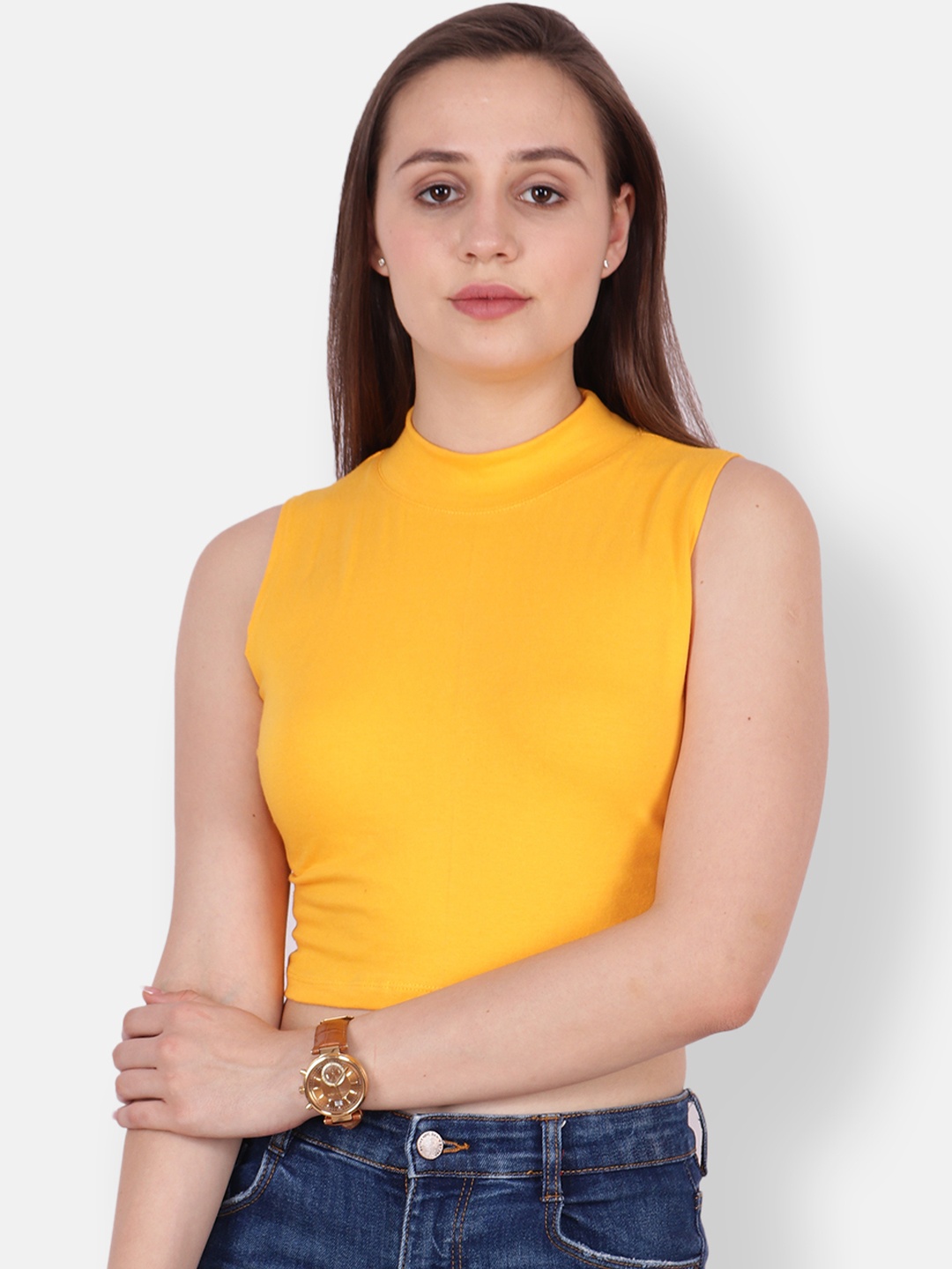 

SCORPIUS Women Yellow Solid Crop Top