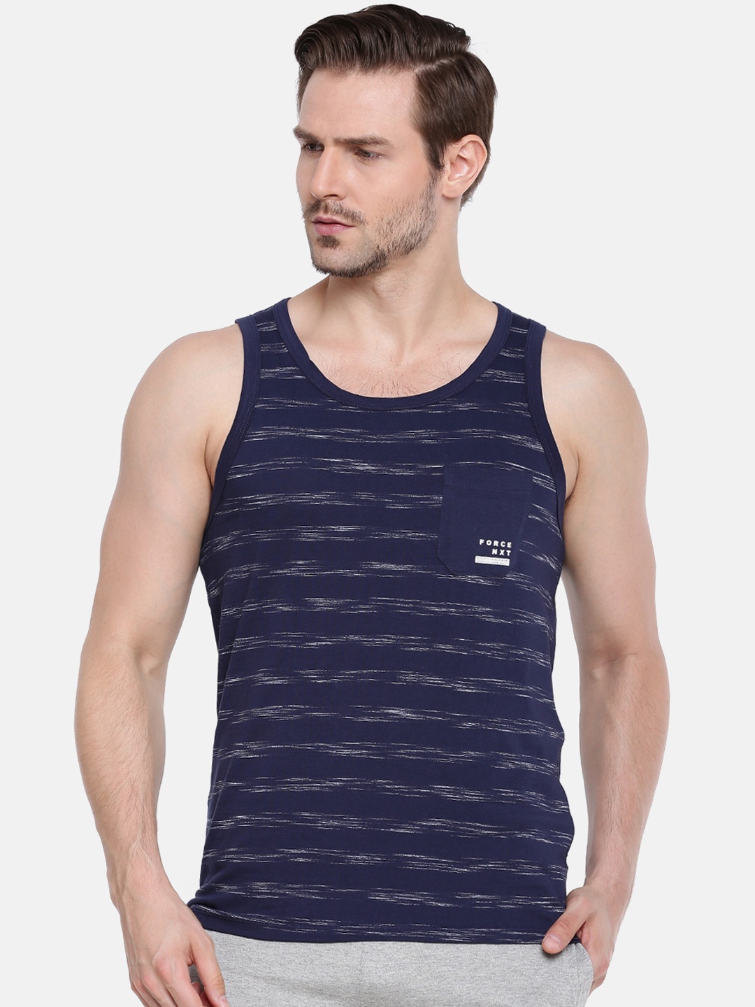 

Force NXT Men Striped Injected Cotton Innerwear Vests, Navy blue