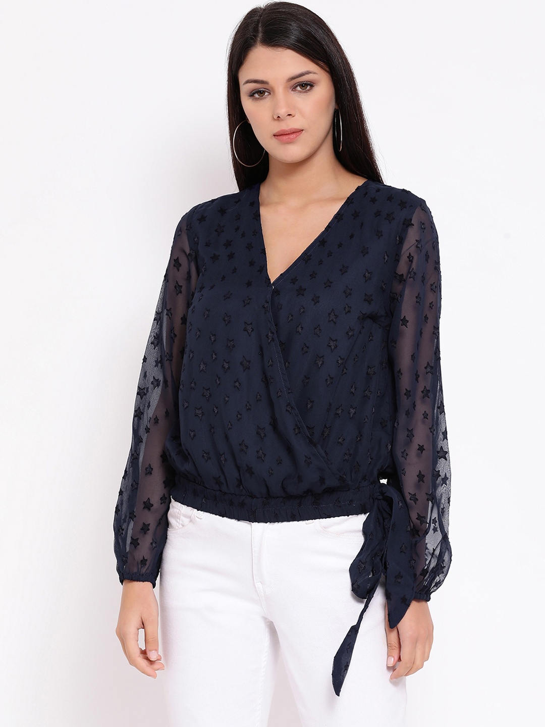

Oxolloxo Women Navy Blue Conversational Self Design Blouson Top